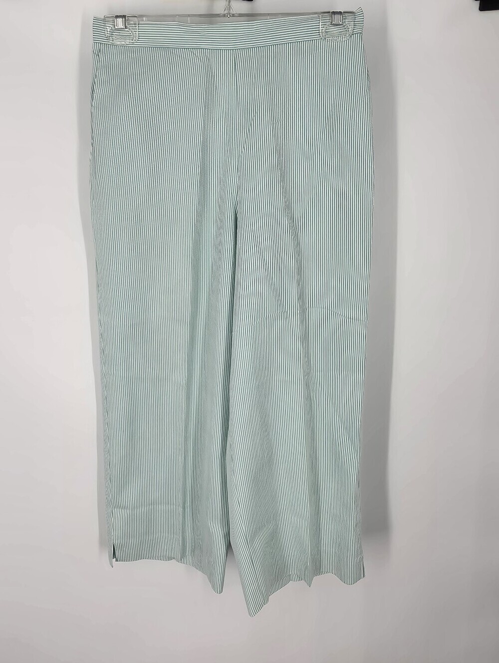 Alfred Dunner Green White Seersucker Striped Crop Pants Size 8P Elastic Waist